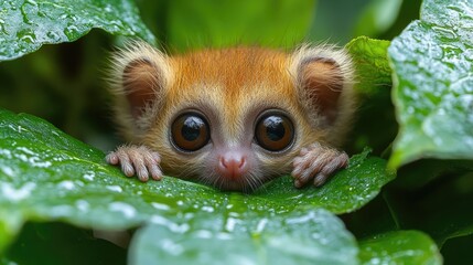 Fototapeta premium Adorable small primate peeking through lush green leaves in a vibrant jungle setting