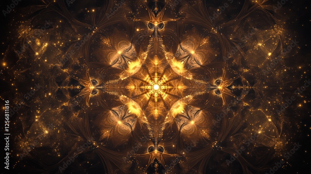 Poster intricate golden fractal design featuring star-like patterns and luminous elements against a dark ba