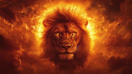 Regal lion portrait with golden mane illuminated by sunset light perfect for text overlay. Generative AI