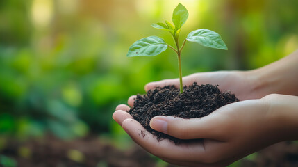 A tiny sprout emerges from soil held in cupped hands, symbolizing new life and growth. Hope for a green future.