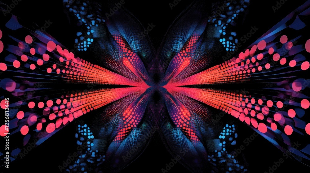 Poster vibrant abstract design featuring symmetrical patterns and dynamic colors on a dark background