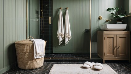  modern bathroom with a minimalist design. The layout features a shower area with glass doors and brass fixtures, visible in the background. 