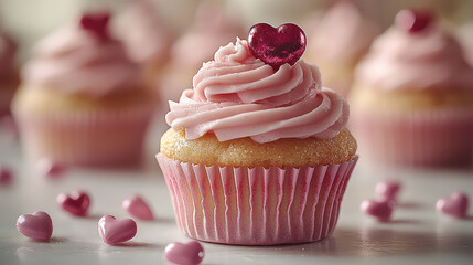 Close-up of a single pink cupcake with heart-shaped sprinkles, other cupcakes blurred in the background.