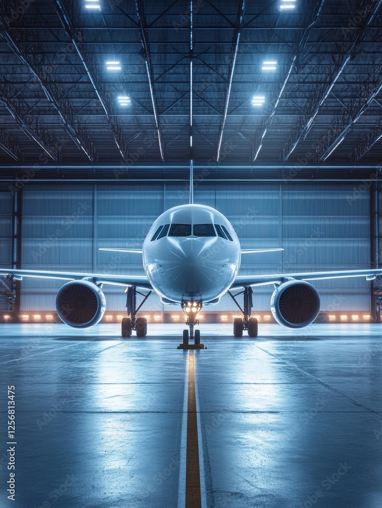 Poster Modern airplane parked inside a spacious hangar during operational hours with bright lighting and clear visibility. Generative AI