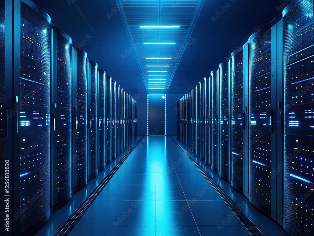 Poster exploring a modern data center: servers, networking, and technology infrastructure in a secure facil