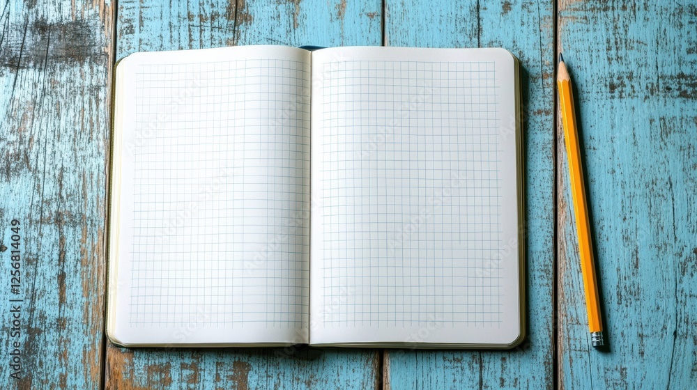 Fototapete Open notebook and pencil on a wooden desk with ample space for writing notes or ideas. Generative AI