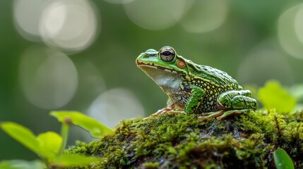 Fototapeta premium Green frog on a mossy log, looking up with a blur of foliage in the background.