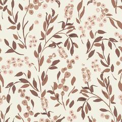 Seamless botanical repeat pattern with elegant hand drawn berries and leaves in brown mocha mousse colors on on cream background. Tonal tan latte brown all over floral surface design.