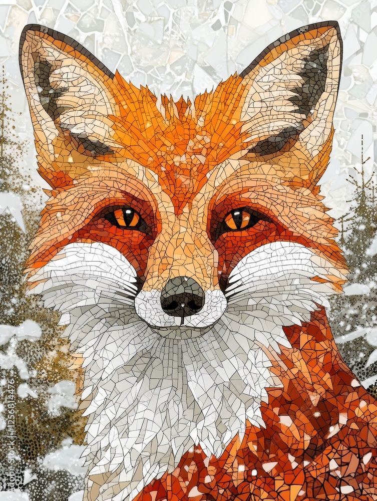 Fototapete mosaic fox portrait set against a snowy forest backdrop showcasing intricate tessellated patterns an
