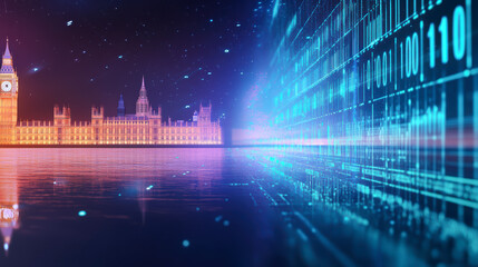 Digital transformation meets historic architecture: Explore London's iconic skyline juxtaposed with futuristic technology and binary code aesthetics.