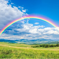 Obraz premium Colorful rainbow over rolling hills. Ideal for nature photography or desktop backgrounds