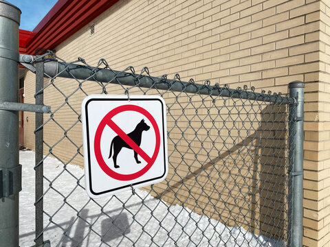No Dogs Allowed Sign on Chain-Link Fence Near Brick Wall