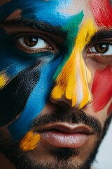 Young man posing with colorful paint on his face