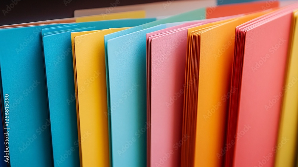 Poster colorful paper stack standing upright close up