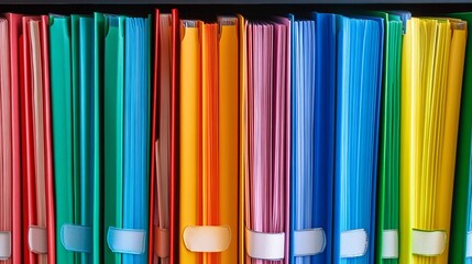 Colorful ring binders standing in a row are organized on shelf