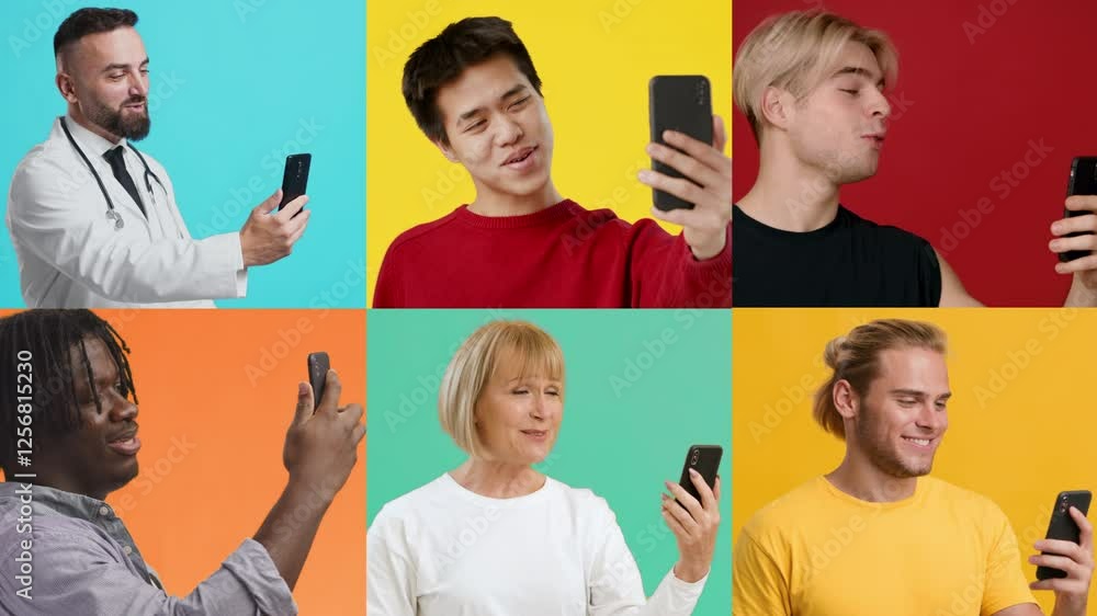 Poster In a colorful backdrop, a multiethnic group of men and women interact with their smartphones, showcasing modern technology's impact on communication and lifestyle in everyday settings.