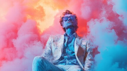 Man in blue clothes with sunglasses and a white jacket sitting against a pink and blue background, looking up.