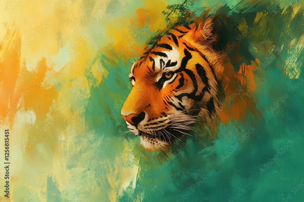 Poster vibrant tiger portrait with colorful jungle backdrop and space for text. generative ai