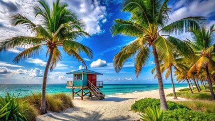 Florida Beach Scene: Palm Trees, Ocean, Lifeguard Tower, Summer Wallpaper