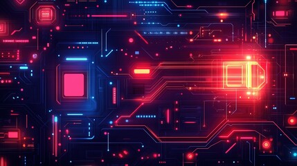 An abstract gaming background with glowing tech circuits, digital blocks, and pixelated elements