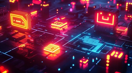 An abstract gaming background with glowing tech circuits, digital blocks, and pixelated elements