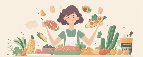 Fototapeta premium Woman cooking healthy food with vegetables and fruits floating around her