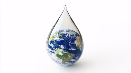 Planet earth encased in giant water droplet on white background