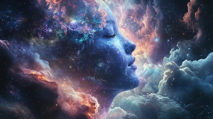 Fototapeta premium Abstract portrait of a woman's face, made of cosmic clouds and nebulae.