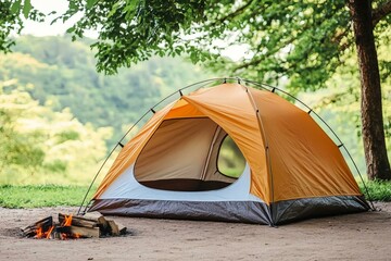 Cozy Orange Camping Tent Beside Flickering Campfire in Nature