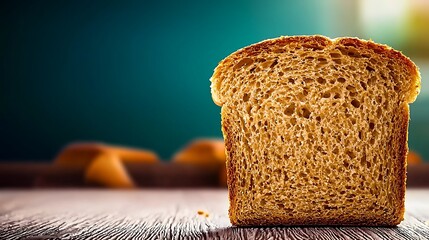 Freshly sliced whole grain bread on a rustic wooden table with a cozy kitchen background