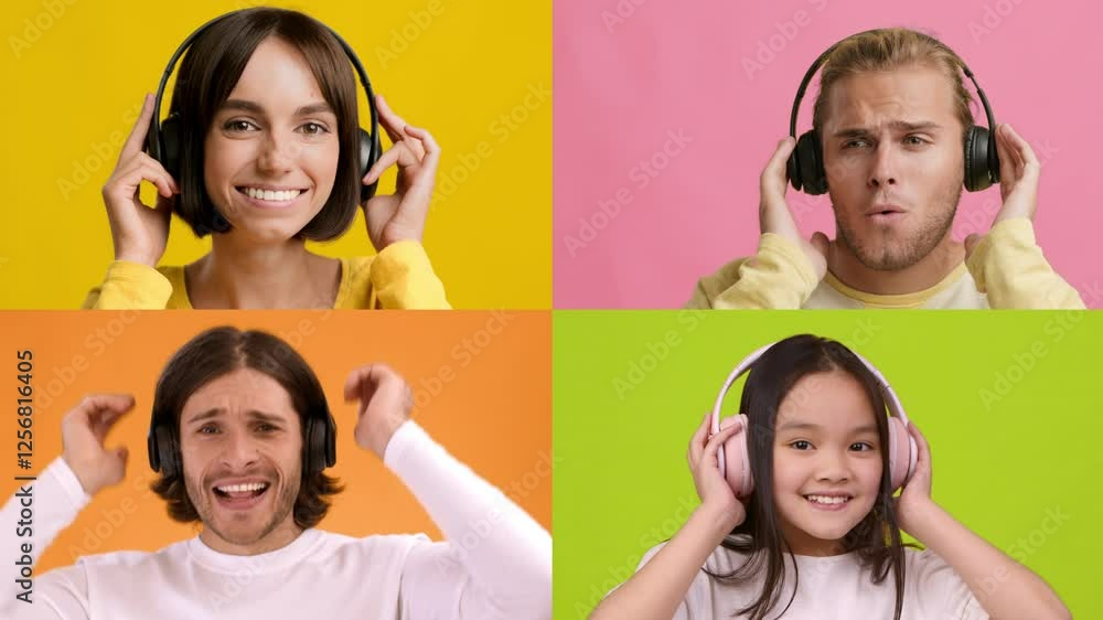 Poster a joyful group of four individuals, representing various ages and backgrounds, are experiencing musi
