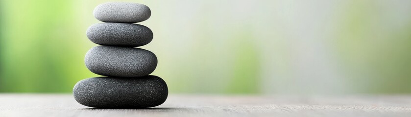 Fototapeta premium A serene stack of smooth black stones rests on a surface, symbolizing balance and tranquility against a gentle green background.