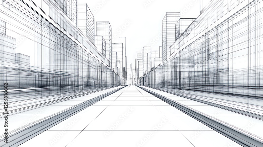Poster Futuristic cityscape with linear architecture and depth