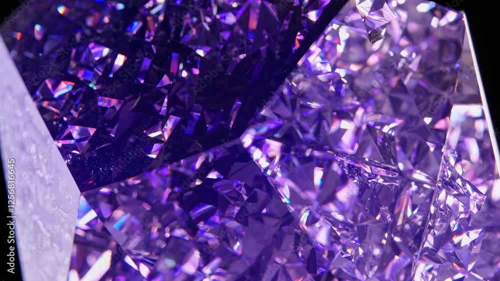 Poster close-up video of sparkling purple crystals, capturing intricate details and reflections from a macr