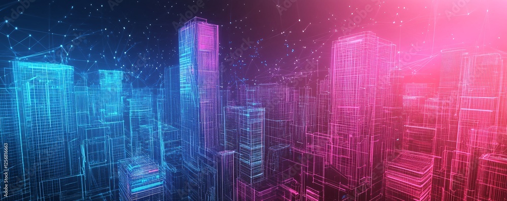 Poster abstract 3d city with glowing lines and plots connecting buildings at night