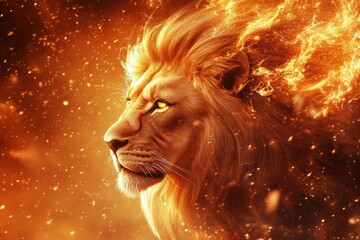 Regal lion portrait with golden mane glowing in sunset light and space for text. Generative AI