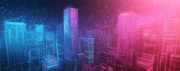 Fototapeta premium Abstract 3d city with glowing lines and plots connecting buildings at night