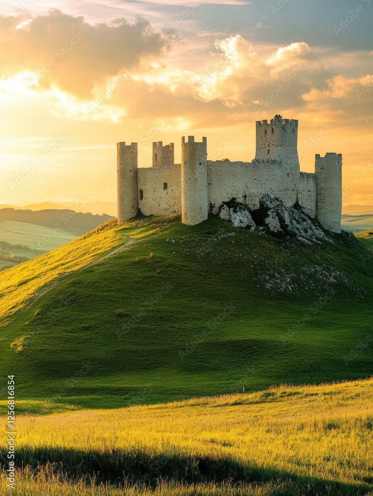 Aufkleber medieval castle stands tall on green hill under vibrant sunset sky with distant hills in the backgro