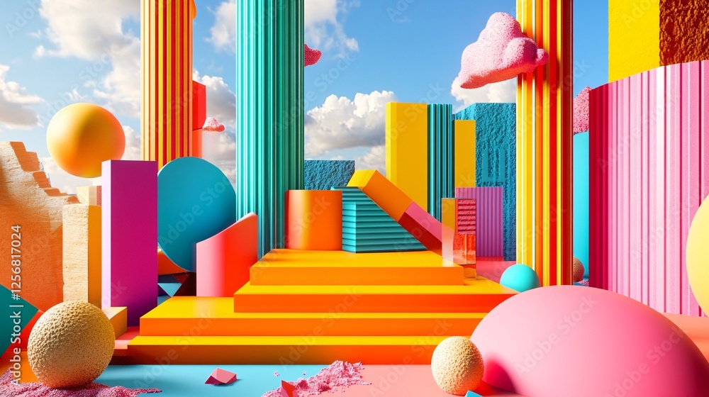 Aufkleber modern art installation is being created with colorful geometric shapes and a minimalist aesthetic