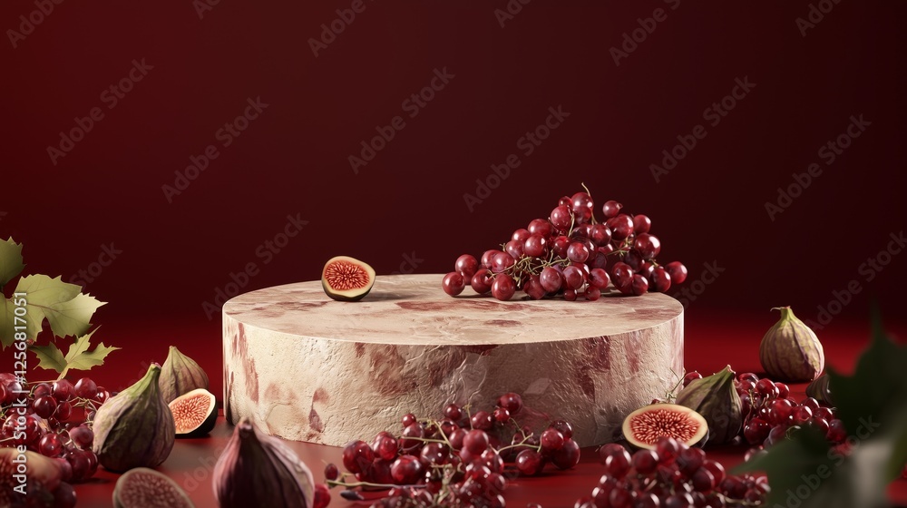 Poster classic 3d rendered podium with stone texture and fruits display