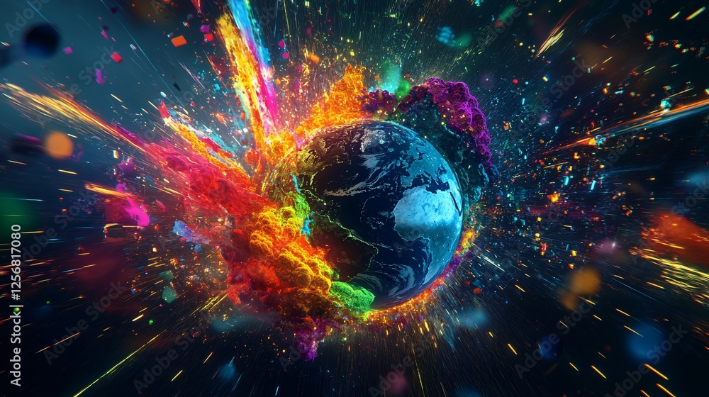 Poster planet earth exploding with vibrant colors and energy