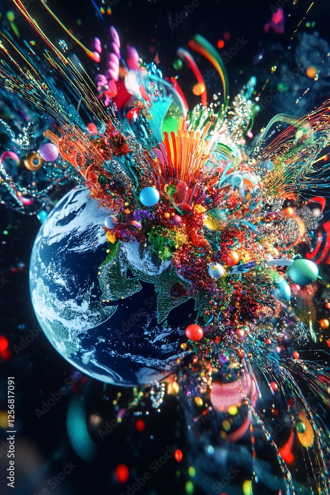 Poster planet earth exploding with colorful glitter and confetti