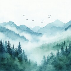 Serene Watercolor Painting of Misty Mountains and Forest