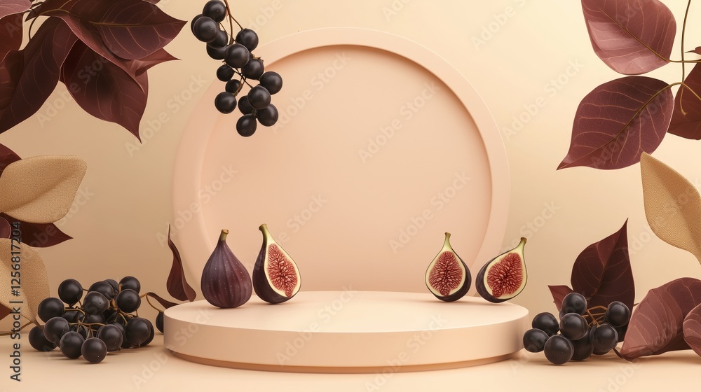 Poster luxurious empty podium with handcrafted figs and grapes display