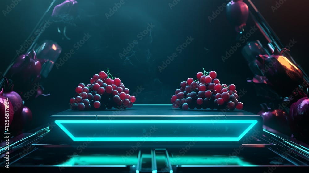 Poster futuristic digital podium displaying cherry clusters in empty space