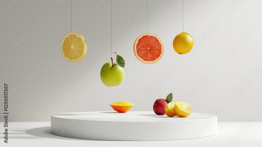 Poster dynamic floating fruits on empty podium for creative presentation