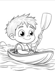 cartoon style cute boy in the boat holding a paddle with big eyes in the ocean black and white coloring page no shading clean lines high dof