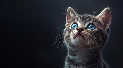 Fototapeta premium Charming Kitten with Striking Blue Eyes Gazes Upwards with Innocence and Curiosity Captured in a Soft Focus Photograph Highlighting the Adorable Playfulness and Warmth of Feline Companionship
