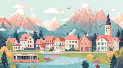 Naklejka premium Idyllic mountain village with traditional houses and bus passing by