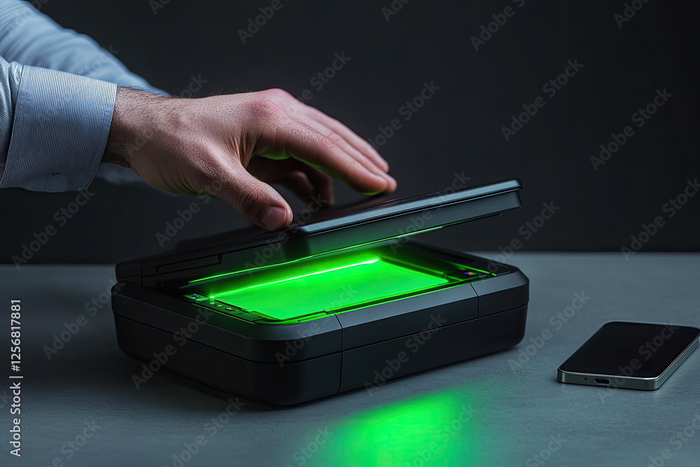 Poster a person using a high tech mobile phone scanner device with a green light